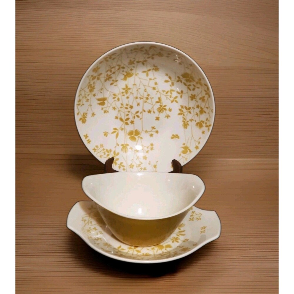 Sheffield Ironstone Golden Meadow 3pc Hostess Set Scoop Veg Bowls Leaf Plate Vtg